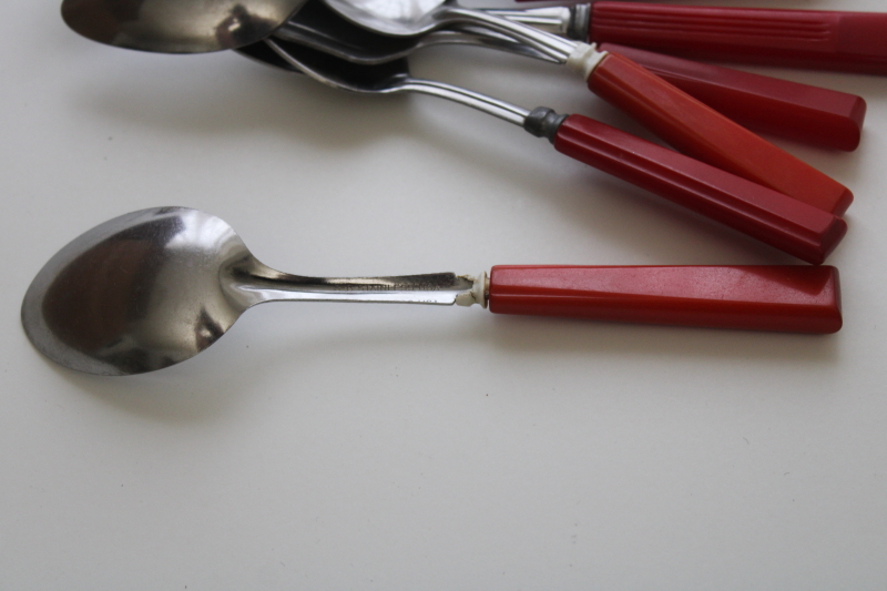 lot vintage red bakelite knives, forks, spoons mismatched pieces instant collection