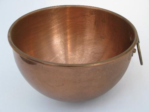 lot vintage solid copper kitchenware, round bottom mixing bowls