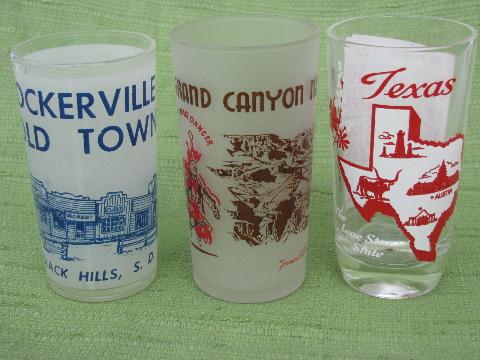 lot vintage souvenir glasses, state maps & landmarks frosted tumblers