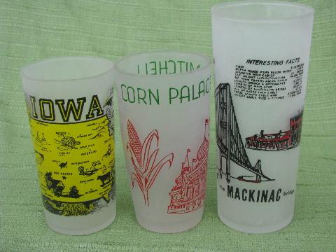 lot vintage souvenir glasses, state maps & landmarks frosted tumblers