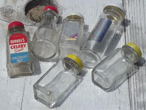 lot vintage spice jars and small kitchen bottles, some w/ metal shaker lids
