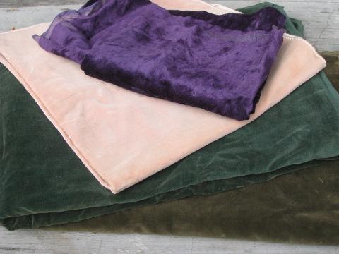 lot vintage velvets, velvet fabric lot pale blush, purple, green shades
