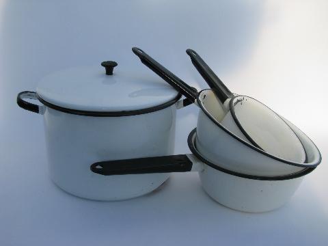 lot vintage white / black band graniteware enamel kitchenware, pots and pans