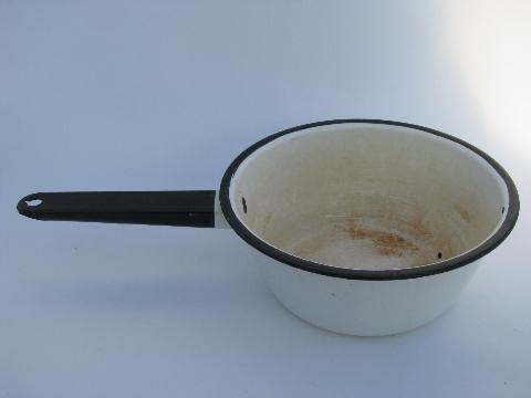 lot vintage white / black band graniteware enamel kitchenware, pots and pans