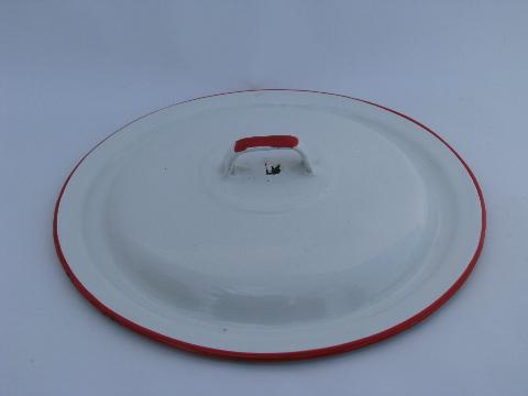 lot vintage white / red band graniteware enamel kitchenware, pots, pans, bowl