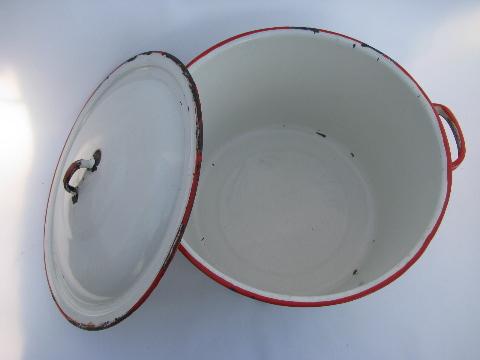 lot vintage white / red band graniteware enamel kitchenware, pots, pans, bowl