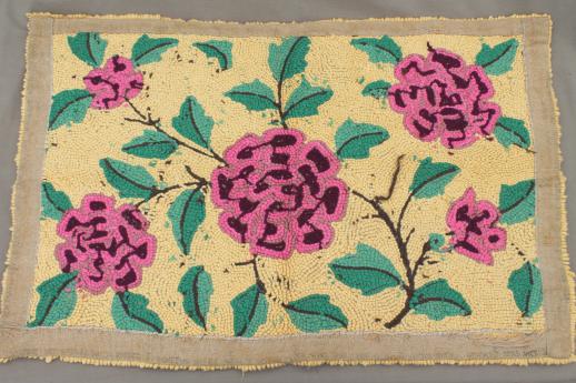 lovely old handmade rug, heavy cotton yarn hooked rug w/ vintage pink roses floral 