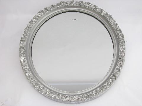 lovely ornate vintage oval mirror, antique silver gesso wood frame