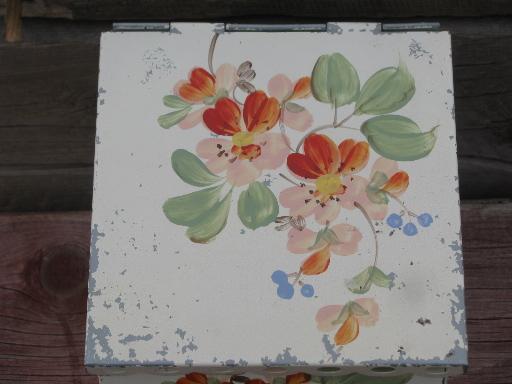 lovely shabby vintage tole lace edge metal wall box, painted flowers