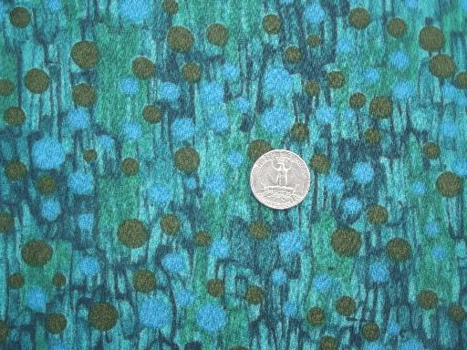 mad men vintage poly crepe fabric, 60s retro print in blue & green