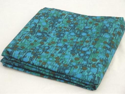 mad men vintage poly crepe fabric, 60s retro print in blue & green