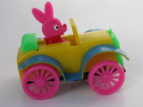 made in Hong Kong hard plastic toy cars, Easter bunny auto and duck