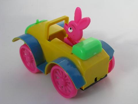 made in Hong Kong hard plastic toy cars, Easter bunny auto and duck