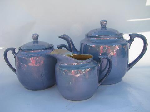 made in Japan vintage blue and coral luster china tea set, teapot, pitcher etc.