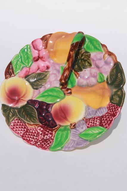 majolica style fruit twig handle lemon server, vintage Japan hand painted ceramic plate