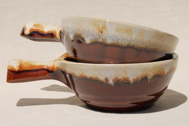 maple leaf mark Western stoneware, set of two stick handle bowls, vintage brown drip pottery