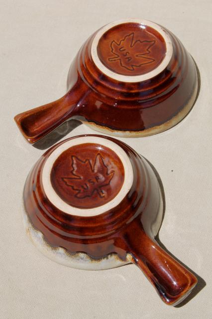 maple leaf mark Western stoneware, set of two stick handle bowls, vintage brown drip pottery