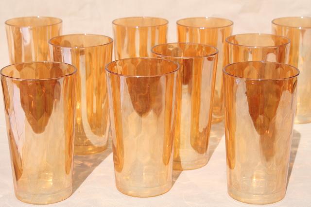 marigold iridescent luster vintage hex optic pattern glass tumblers, set of 10 drinking glasses