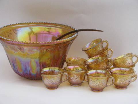 marigold luster carnival glass grapes punch bowl and cups, 70s vintage