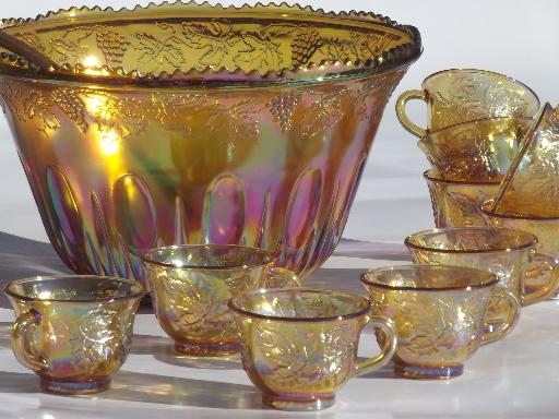 marigold luster carnival glass grapes punch bowl & cups, 70s vintage
