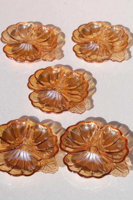 marigold peach luster glass flower dishes, vintage Jeannette glass lusterware copper tint