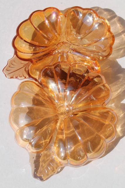 marigold peach luster glass flower dishes, vintage Jeannette glass lusterware copper tint