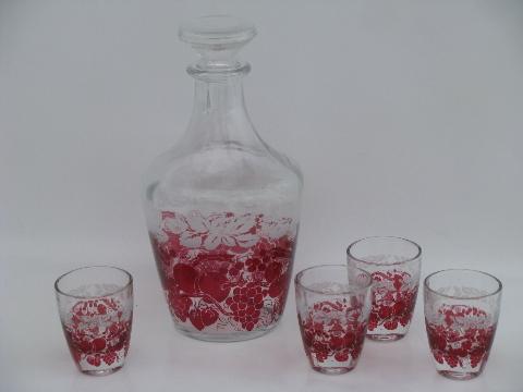 marked France vintage decanter and shot glass set, ruby cranberry fruit