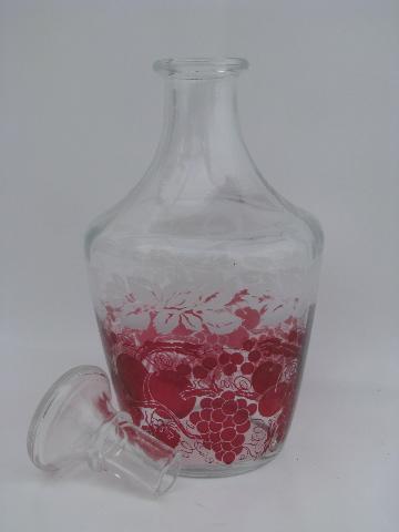marked France vintage decanter and shot glass set, ruby cranberry fruit