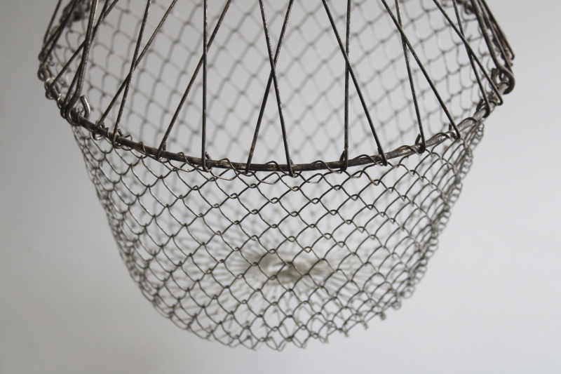 marked France vintage foldable wire basket, farmhouse kitchen decor w/ lovely patina