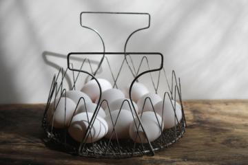 marked France vintage foldable wire basket, farmhouse kitchen decor w/ lovely patina