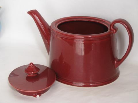 maroon red pottery teapot, vintage ceramic tea pot, oval shape