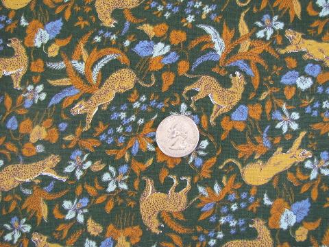 medieval tapestry style print, wild cats w/ iris flowers, vintage cotton fabric