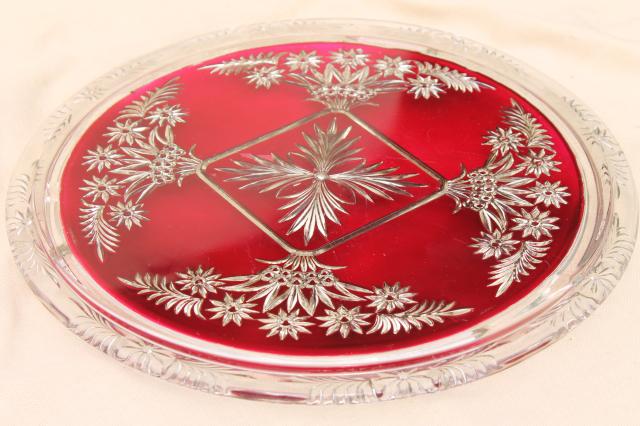 mercury silver ruby red glass plateau plate or tray, antique vintage goofus glass