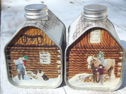 metal cabin maple syrup tins lot, a whole village of old winter cabins!
