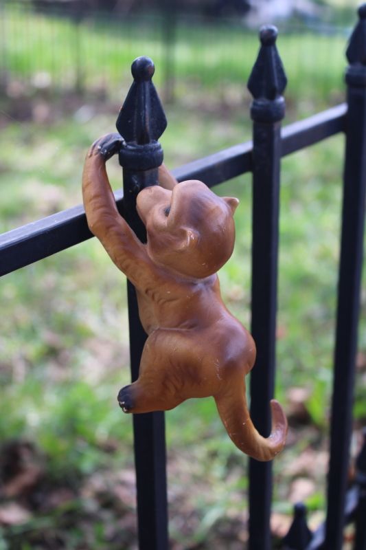 mid-century mod vintage ceramic wall climber figurine, hanging monkey houseplant hanger