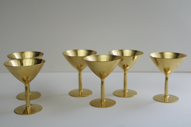 mid-century mod vintage cocktail glasses, hollywood regency gold tone hammered metal