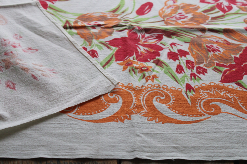 mid century mod vintage cotton kitchen tablecloth, spring flowers print in orange  red