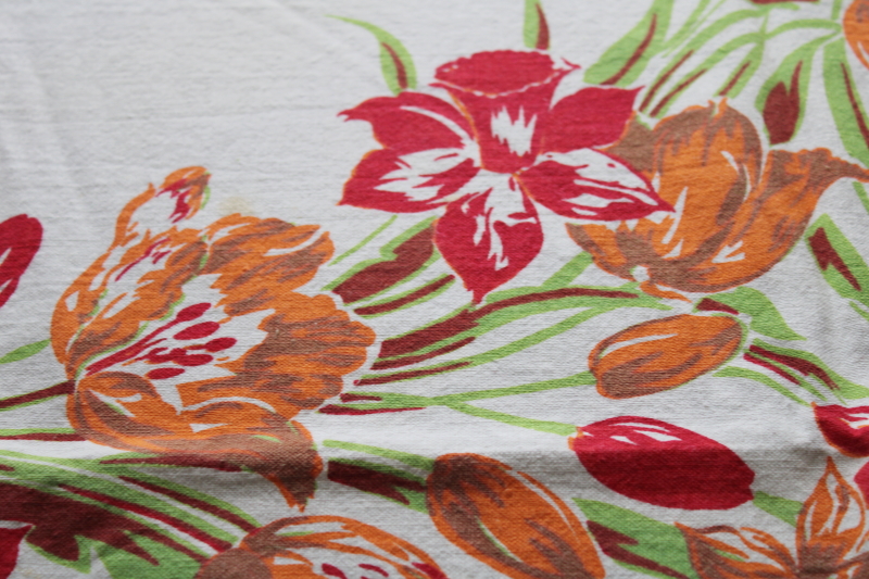 mid century mod vintage cotton kitchen tablecloth, spring flowers print in orange  red