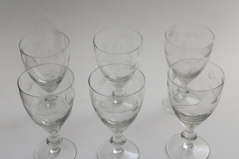 mid-century mod vintage stemware, etched cut water goblets wine glasses cotton or clover blooms