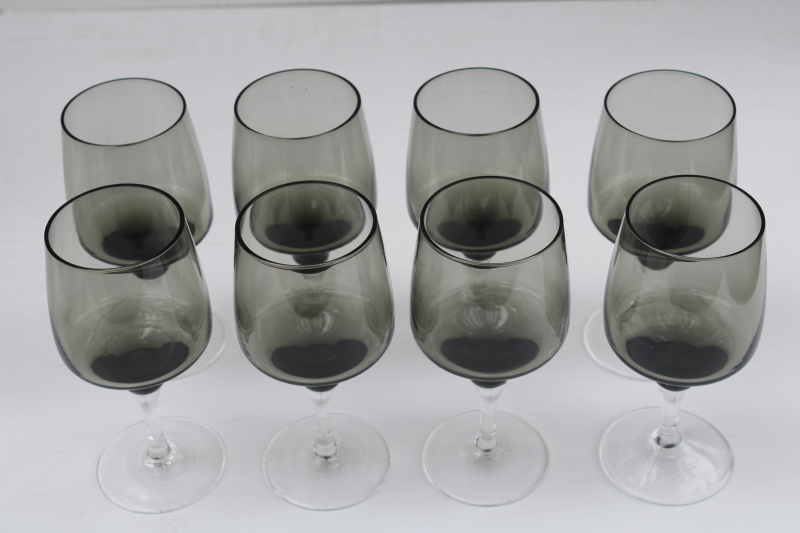 mid century modern clear stem smoke glass wine glasses set of 8, vintage Sasaki crystal stemware