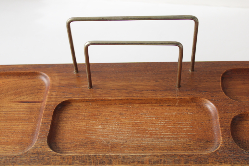 mid-century modern teak wood desk organizer tray w/ rack for mail, vintage 1960s