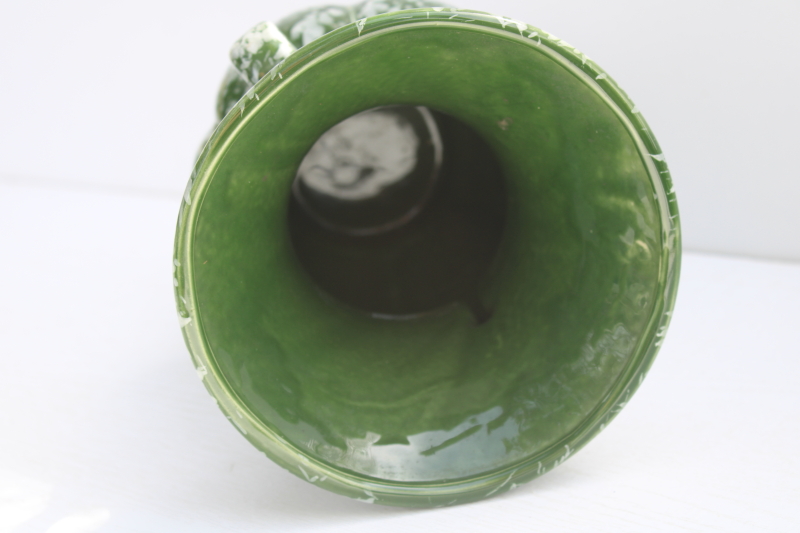 mid century modern vintage ceramic vase, spatter glaze white  deep jade green