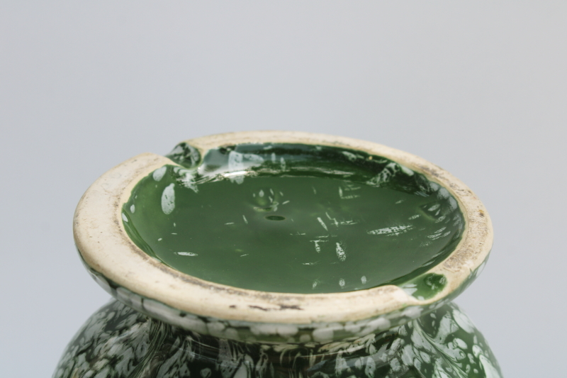 mid century modern vintage ceramic vase, spatter glaze white  deep jade green