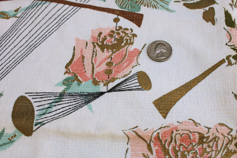 mid-century modern vintage cotton barkcloth fabric, 50s aqua pink roses w/ metallic gold