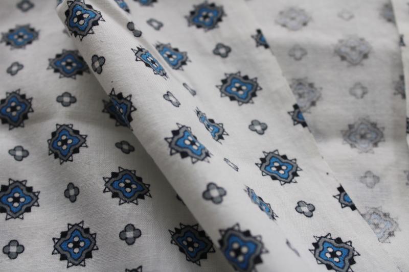mid century modern vintage cotton fabric, menswear print blue & grey on white