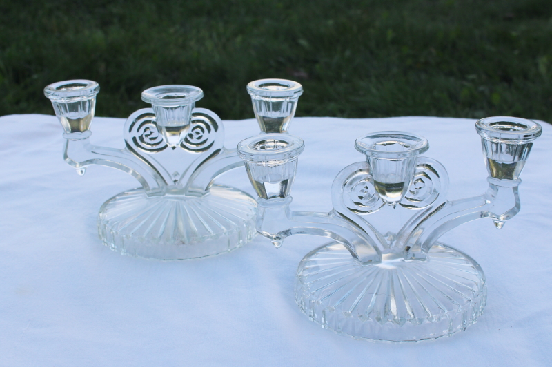 mid-century modern vintage crystal clear glass candelabra, triple candle holders