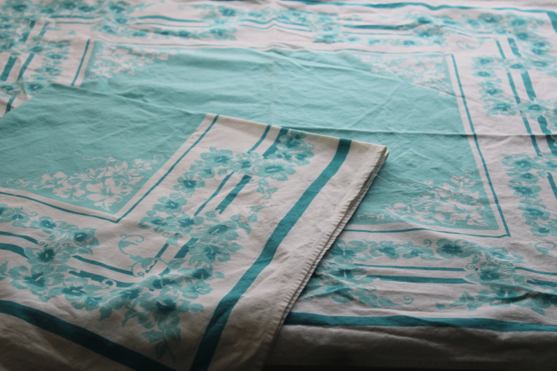 mid century modern vintage print cotton kitchen tablecloths, turquoise print small square cloths