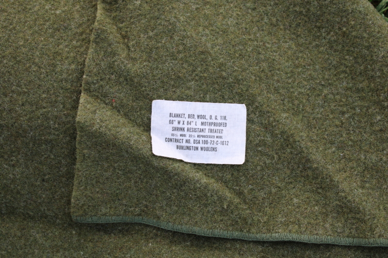 mid-century vintage US army blanket military issue green wool w/ Burlington Woolens label