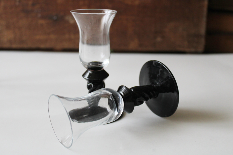 mid-century vintage Venetian Murano hand blown glass tiny liqueur glasses, black twist stems