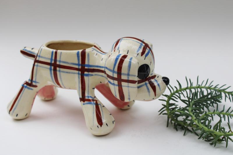 mid century vintage figural pottery planter, hand painted plaid puppy dog